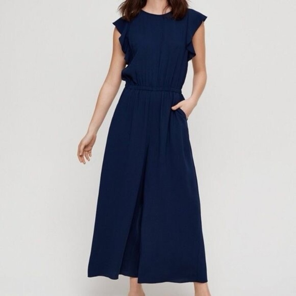 Aritzia Wilfred Navy Ruffle Sleeve Jumpsuit L
